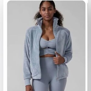 Athleta Women's Double Cozy Karma Recover Full Zip Jacket Velour Blue Star Med P